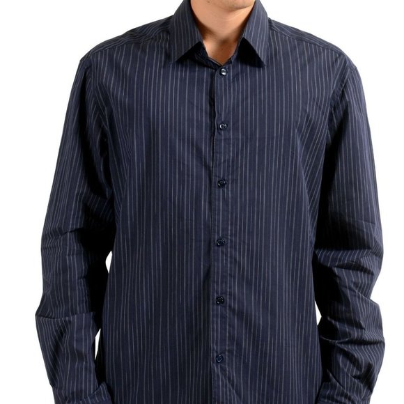 Versace Men's Blue Striped Long Sleeve Dress Shirt